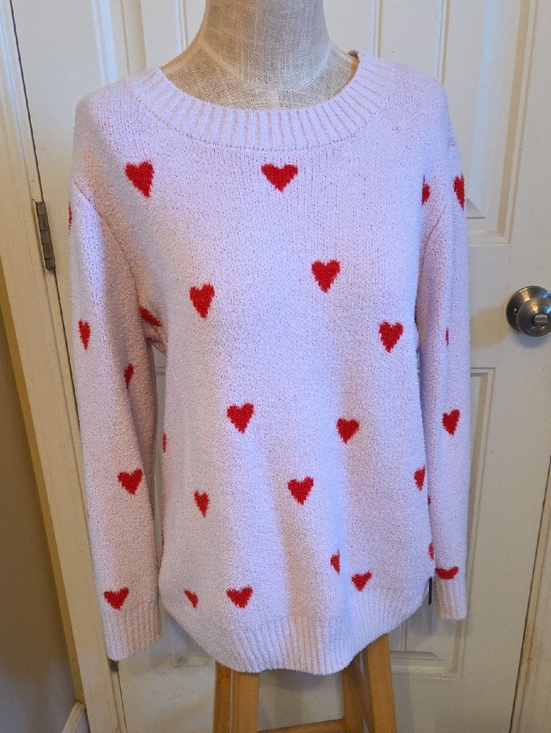 Peace Love World Sweaters - Light Pink Crewneck Sweater with Red Hearts